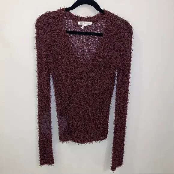 BCBGeneration feathered eyelash loose knit Y2K sweater burgundy purple XS - Picture 1 of 6